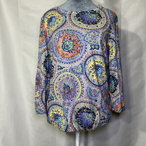 TALBOTS Blue & Pink Paisley Sunburst Pattern Pullover Sweater Sz M 3/4 Sleeve